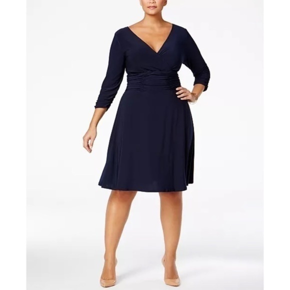 NWT NY Collection Navy Ruched A-Line Dress - Picture 1 of 8